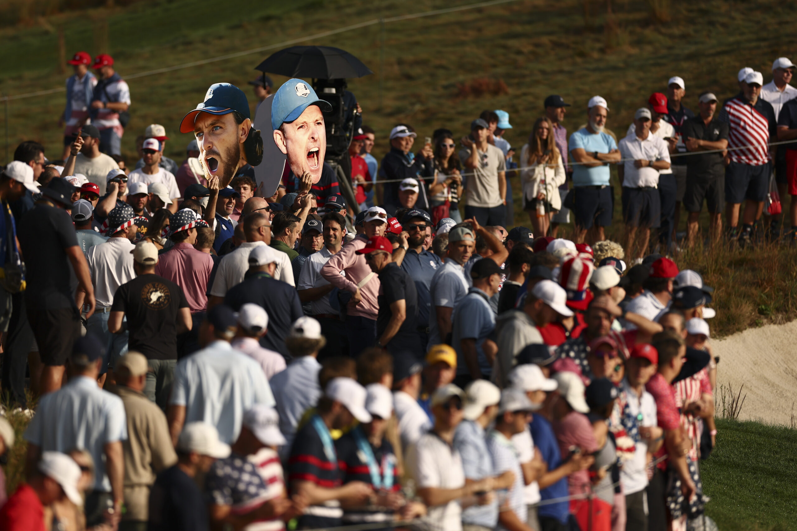 Fans watch play on the eighth hole during the 2025 Ryder Cup.