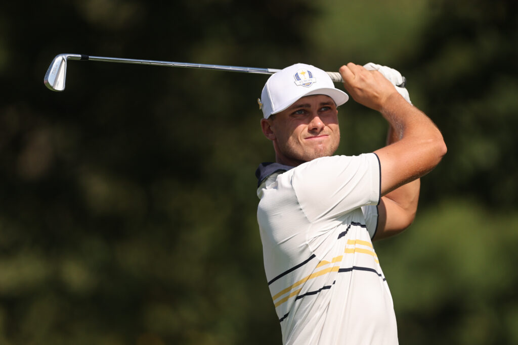 Ludvig Aberg of Team Europe hits his tee shot on the third hole during the 2025 Ryder Cup.