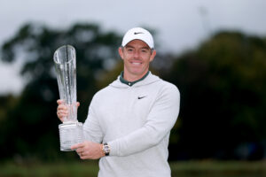 Rory McIlroy poses with the trophy after winning the Amgen Irish Open in a playoff.