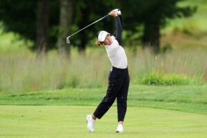 Miranda Wang plays a shot from a fairway on the 15th hole during the second round of the 2025 FM Championship 2025 at TPC Boston.