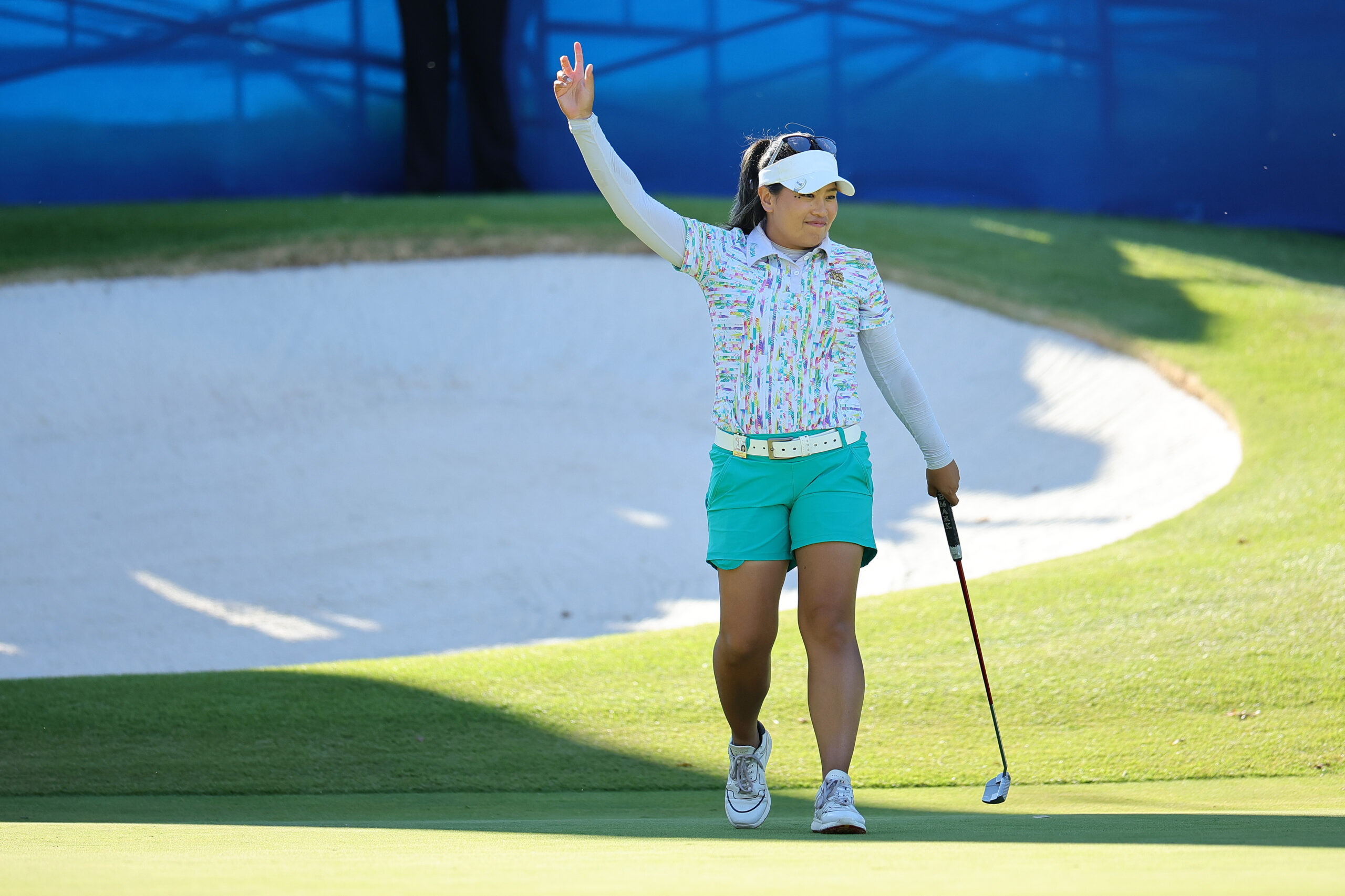 Jasmine Suwannapura of Thailand celebrates after winning the second playoff hole during final round of the 2024 Walmart NW Arkansas Championship.