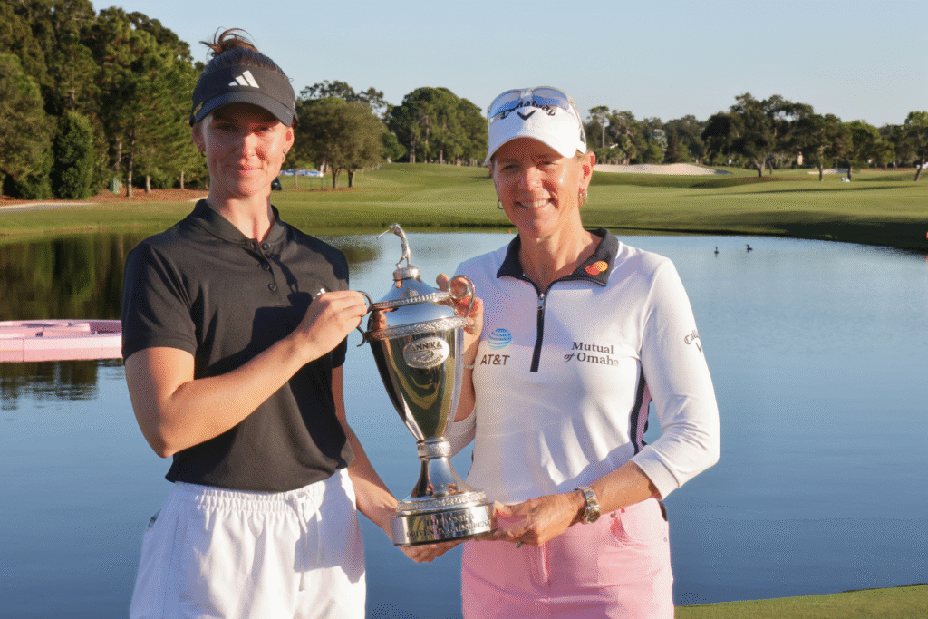 The ANNIKA winner Linn Grant poses with role model Annika Sorenstam on the 18th green.