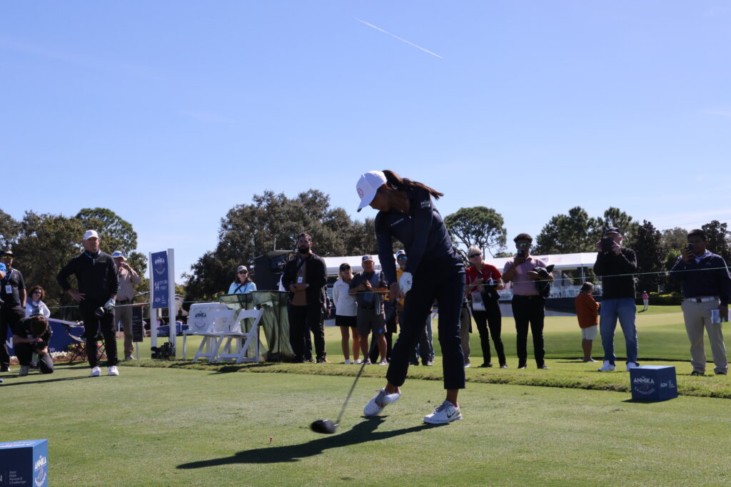Sponsor invite Lauryn Nguyen tees off as Caitlin Clark's partner in The ANNIKA pro-am. 