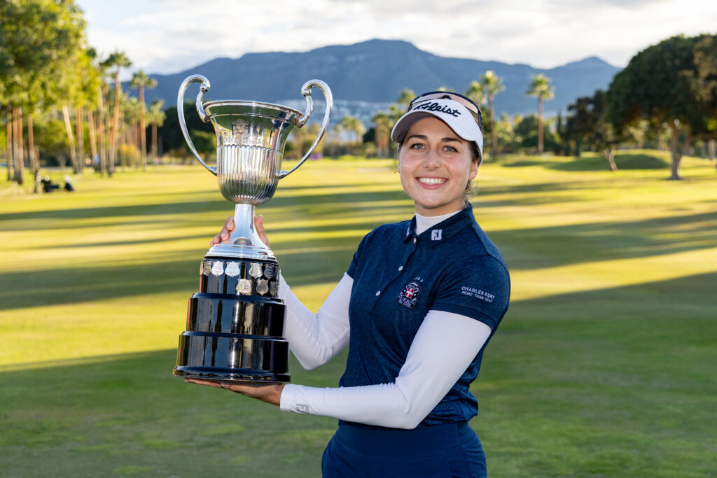 Nastasia Nadaud hoists the trophy at the LET season finale. 