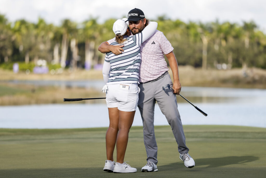 Teammates Andrew Novak and Lauren Coughlin react on the 18th hole after winning the 2025 Grant Thornton Invitational.