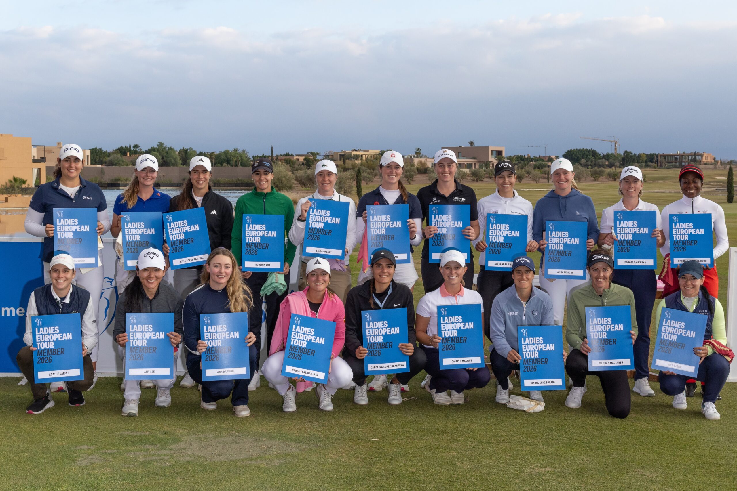 The 20 LET players who earned full stats for the 2026 season pose after Qualifying School.