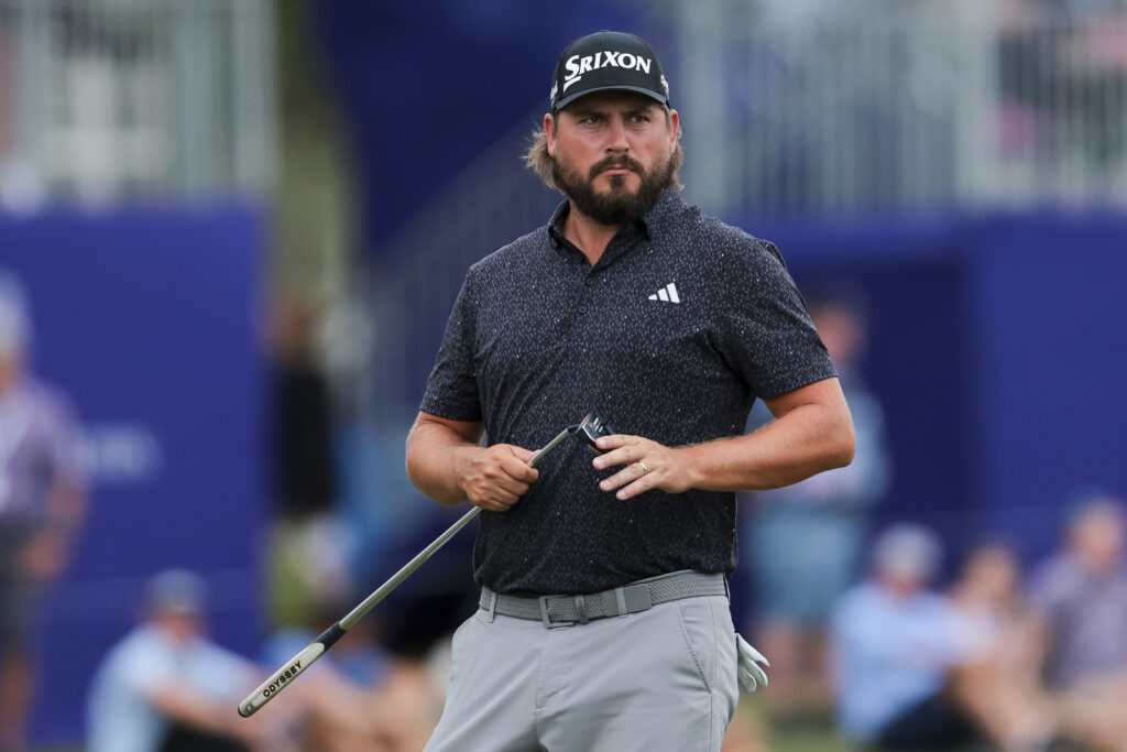 Andrew Novak looks on while playing the 18th hole during the second round of the 2025 Grant Thornton Invitational.