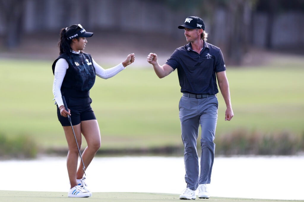 Patty Tavatanakit and Jake Knapp react to a putt on the fourth green during the final round of the 2024 Grant Thornton Invitational.