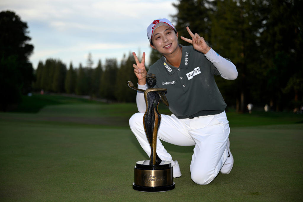 Hyo Joo Kim happily poses with the trophy at the 2026 Fortinet Founders Cup.