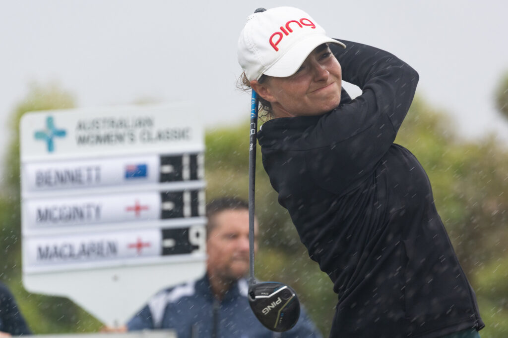 England's Caley McGinty fighting through the rain during the final round of the 2026 Australian Women's Classic.