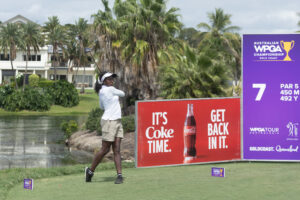 Georgia Oboh of Nigeria teeing off hole 7 during the practice round for the 2026 Australian WPGA Championship.