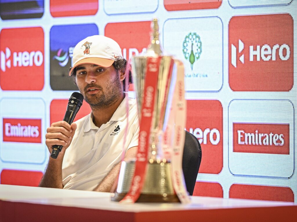 Defending champion Eugenia Chacarra speaks with the press before the 2026 Hero Indian Open.