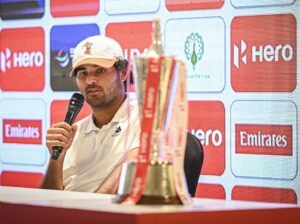 Defending champion Eugenia Chacarra speaks with the press before the 2026 Hero Indian Open.