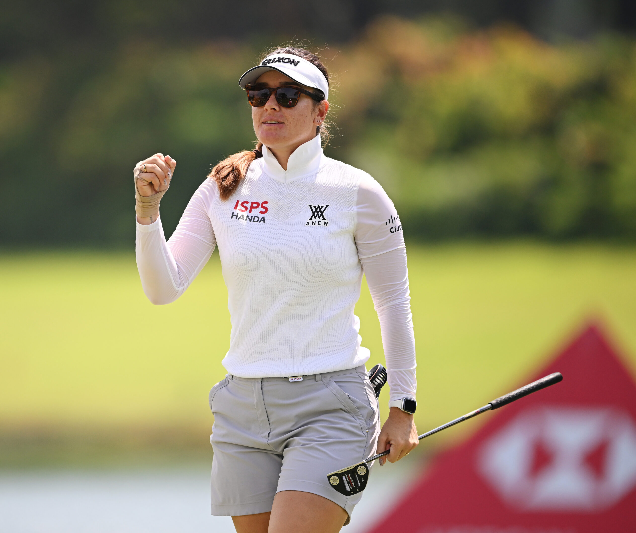 Hannah Green of Australia reacts on the fifth green during the third round of the 2026 HSBC Women's World Championship.