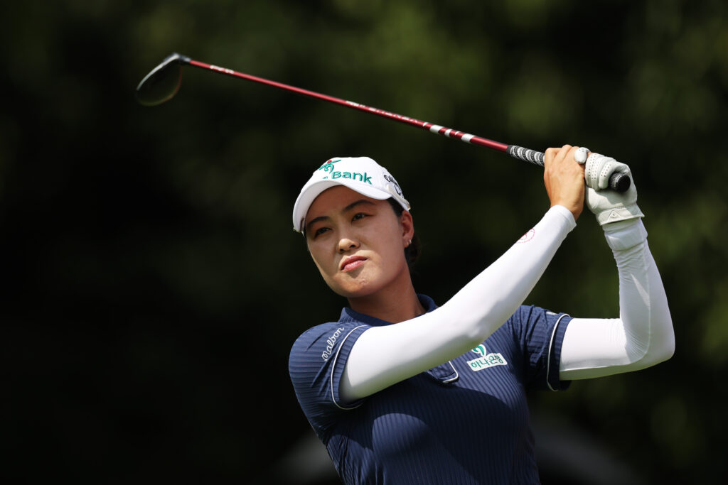 Minjee Lee tees off on the third hole during round three of the 2026 HSBC Women's World Championship.