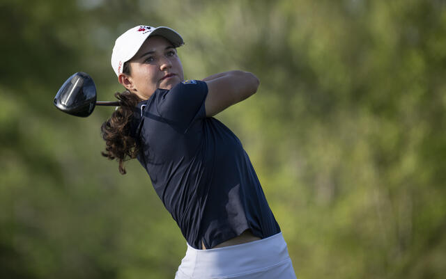 Vanessa Borovilos of Canada tees off hole 3 during the first round of the 2026 ANWA. 