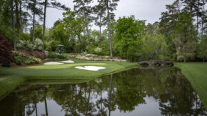 The 12th green behind Rae’s Creek during a practice round prior to the Masters at Augusta National Golf Club.
