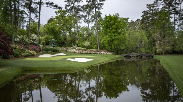 The 12th green behind Rae’s Creek during a practice round prior to the Masters at Augusta National Golf Club.