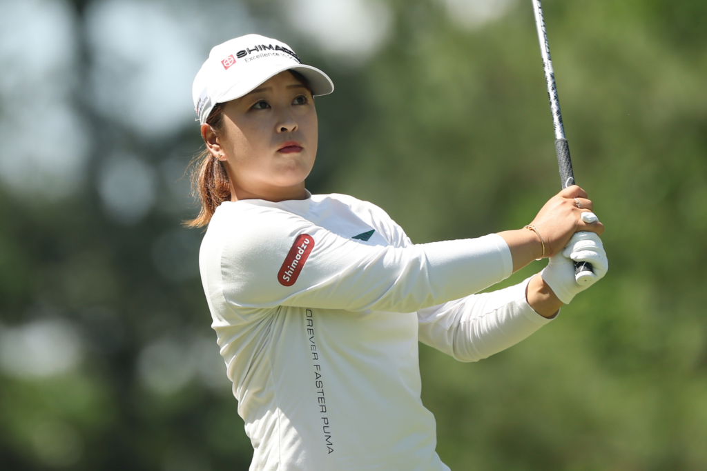 Mao Saigo of Japan plays her shot from the second tee during the third round of the 2025 Chevron Championship.