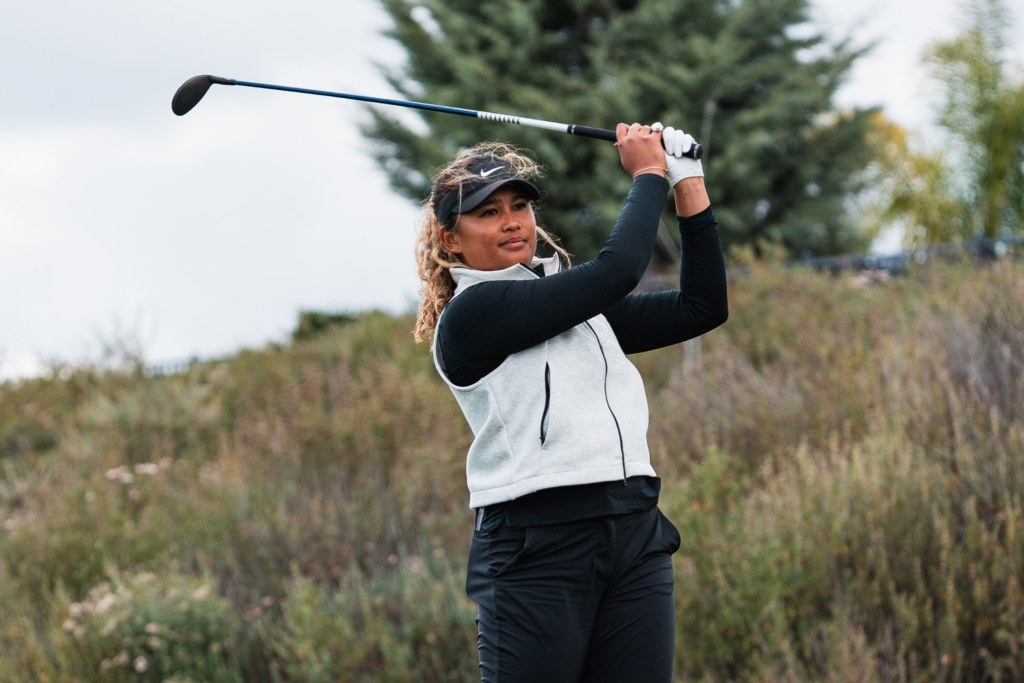 Amari Avery teeing off during the 2026 IOA Championship. 