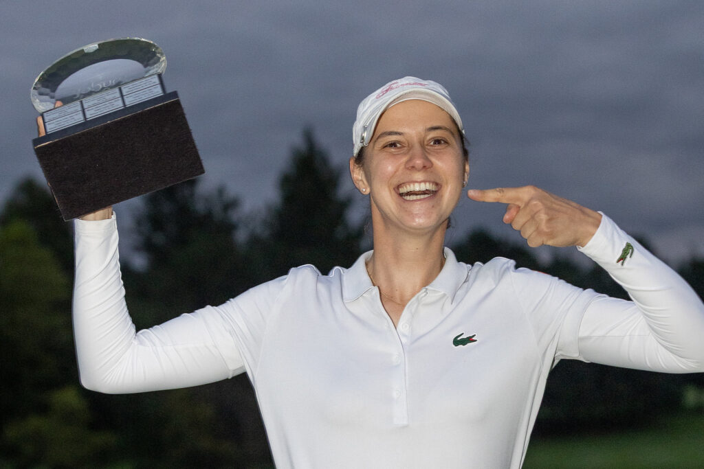 Agathe Laisne poses with the trophy after winning the 2026 Joburg Ladies Open.