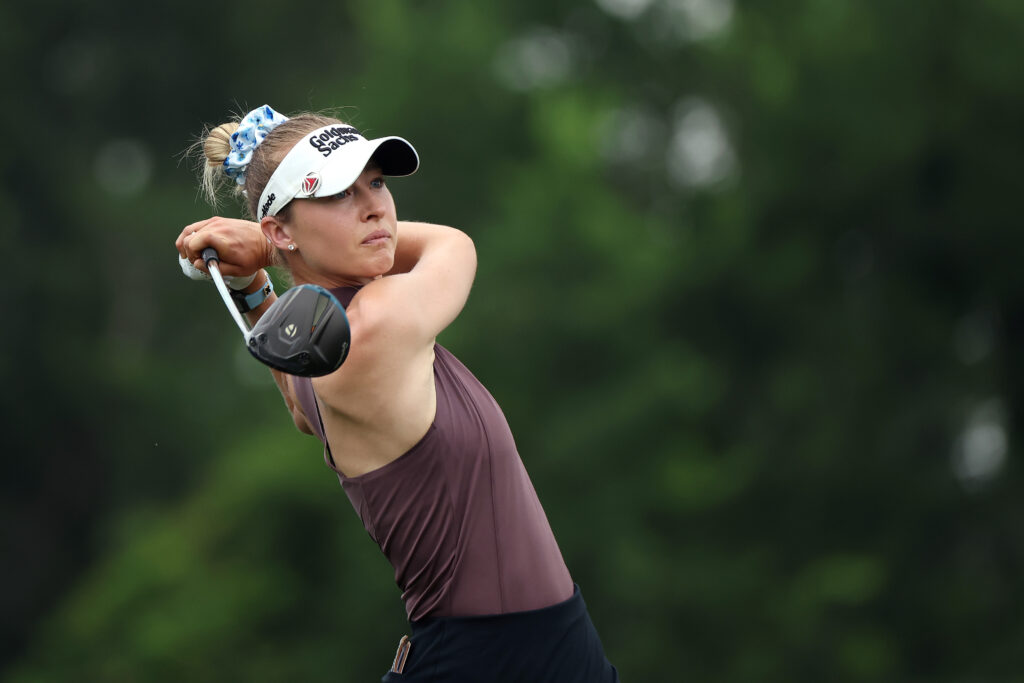 Nelly Korda plays her shot from the fifth tee during the final round of the 2026 Chevron Championship.