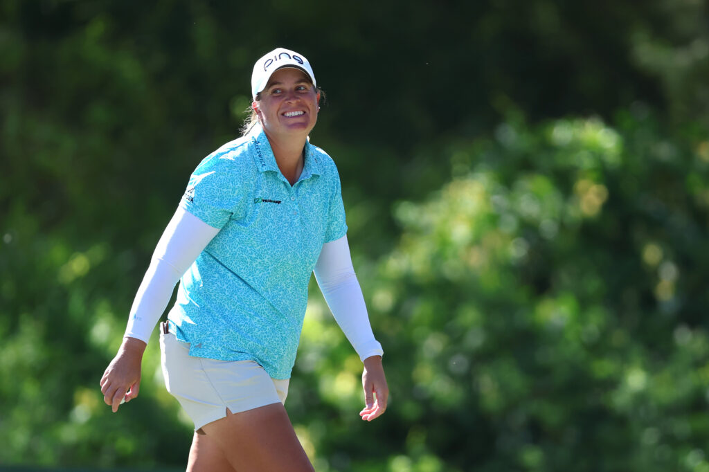Lauren Coughlin reacts after a putt on the ninth green during the third round of the 2026 Aramco Championship.