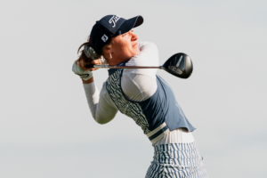 Nicole Lorup tees off during the 2025 Copper Rock Championship.