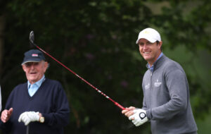Nicolas Colsaerts of Belgium plays in the pro-am watched by Vic Swerts, CEO of Soudal, ahead of the 2026 Soudal Open.