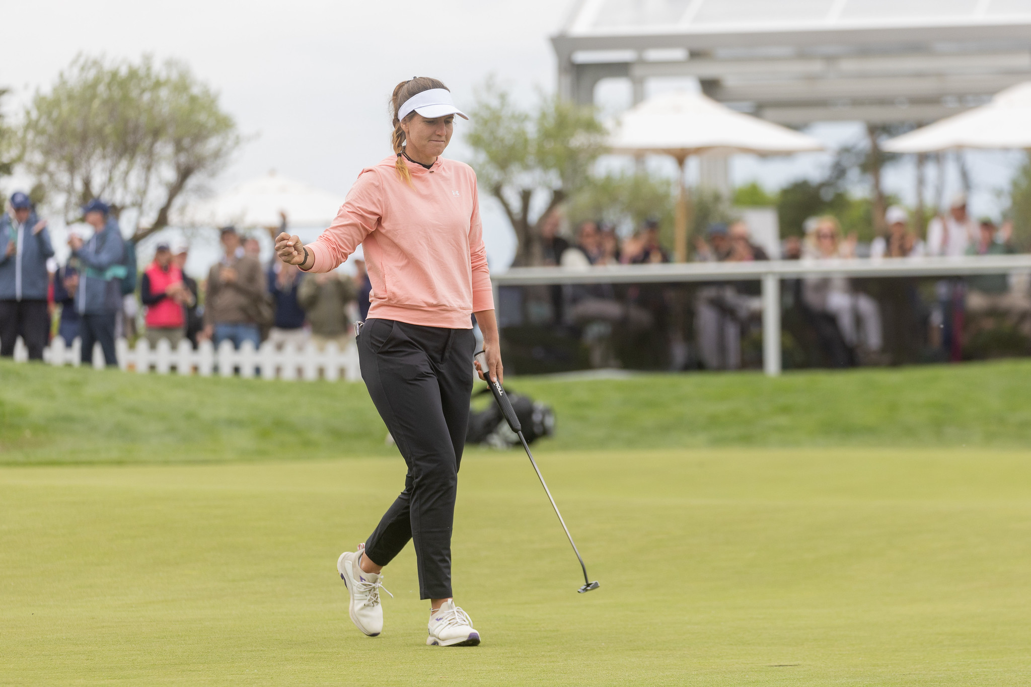 Leonie Harm celebrates a dropped putt during her final round of the 2026 Amundi German Masters.