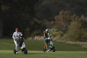 Paula Martín Sampedro of Stanford walks the course alongside Janae Leovao of Eastern Michigan during the Semifinals at the NCAA Division I Women’s Golf Championship.