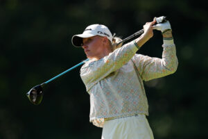 Charley Hull plays a shot from the fourth tee during the third round of the 2025 Kroger Queen City Championship presented by P&G.