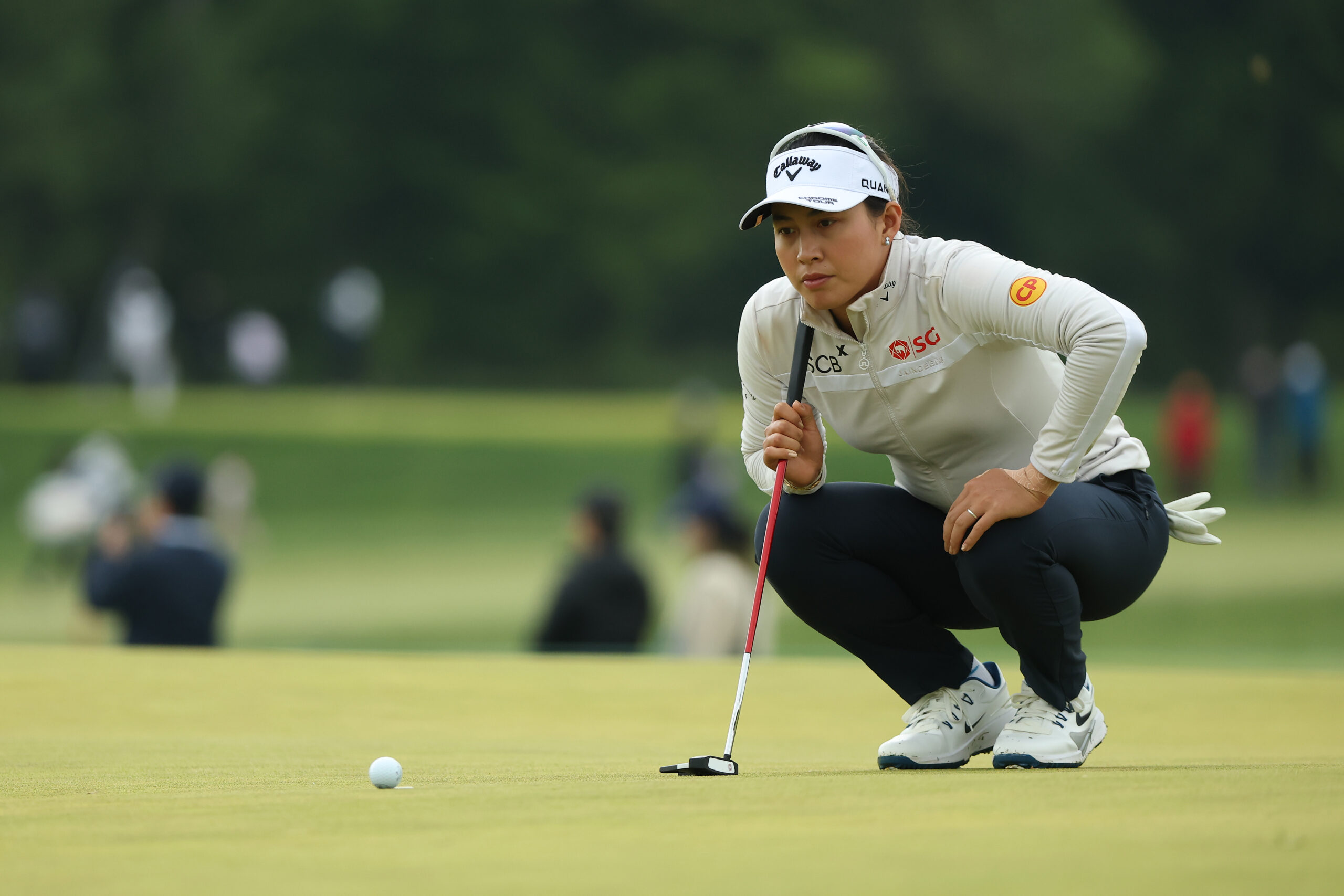 Jeeno Thitikul lines up a putt on the second green during the third round of the 2026 Mizuho Americas Open.