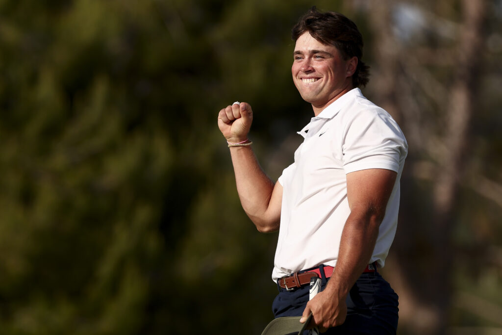 Michael La Sasso of the Ole Miss Rebels reacts after winning the individual championship in the fourth round of the 2025 NCAA Division I Men’s Golf Championship. 