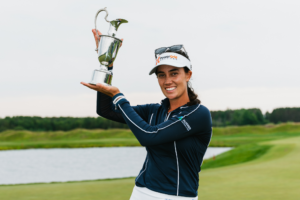 Kaleiya Romero hoists her first Epson Tour trophy at the 2026 Island Resort Championship.