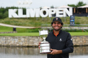 Eugenio Chacarra of Spain poses with the trophy after winning the 2026 KLM Open.