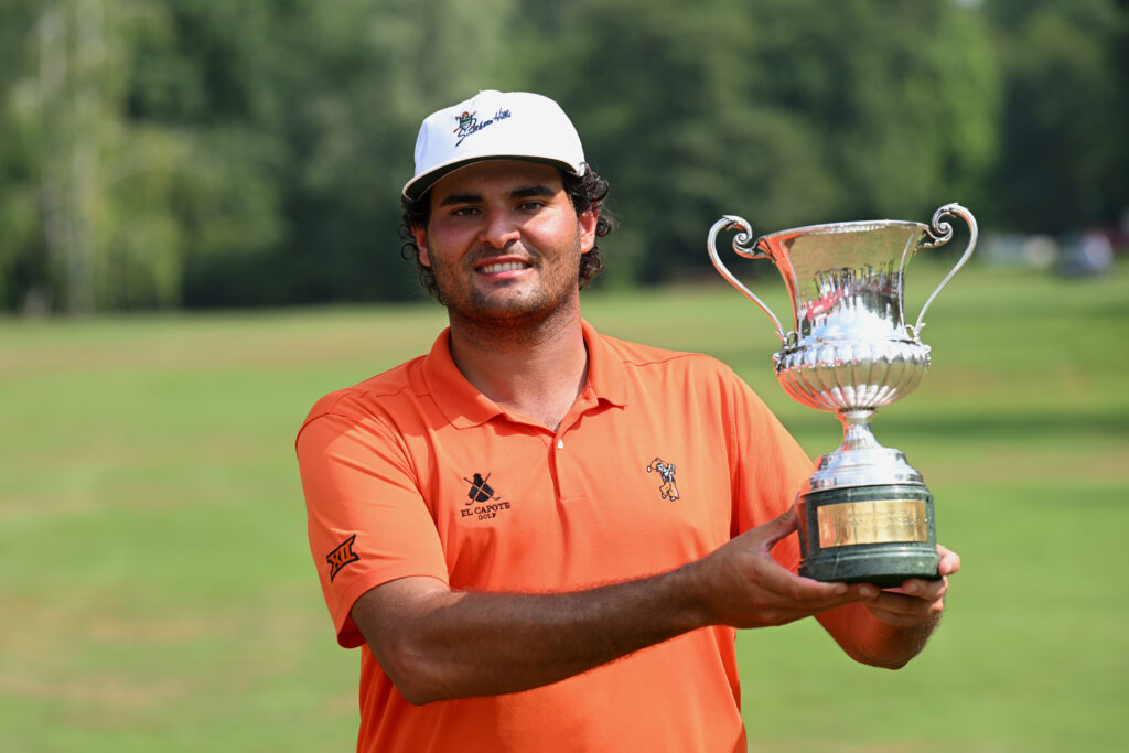 Eugenio Chacarra hoists his third DP World Tour trophy.
