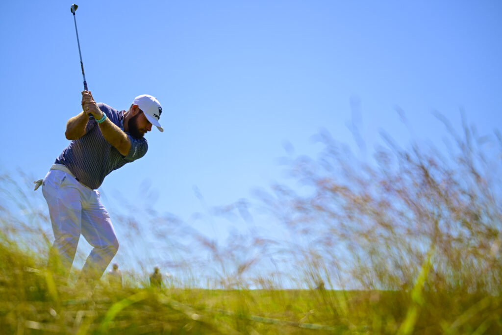 Tyrrell Hatton plays a shot on the first hole during a practice round at the 2026 U.S. Open.