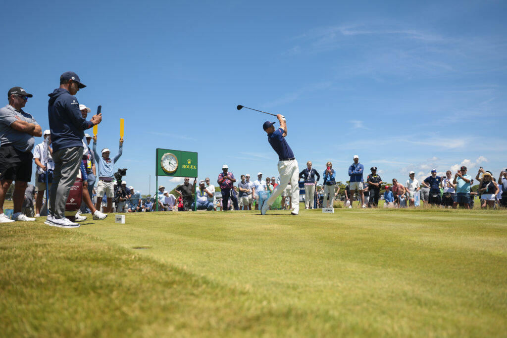 Adam Scott plays his tee shot on the 18th hole during a practice round ahead of the 2026 U.S. Open.