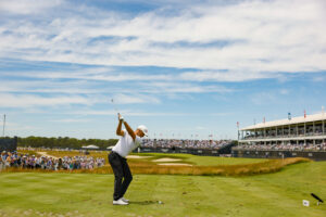 Wyndham Clark plays his tee shot on the 17th hole during the second round of the 2026 U.S. Open.