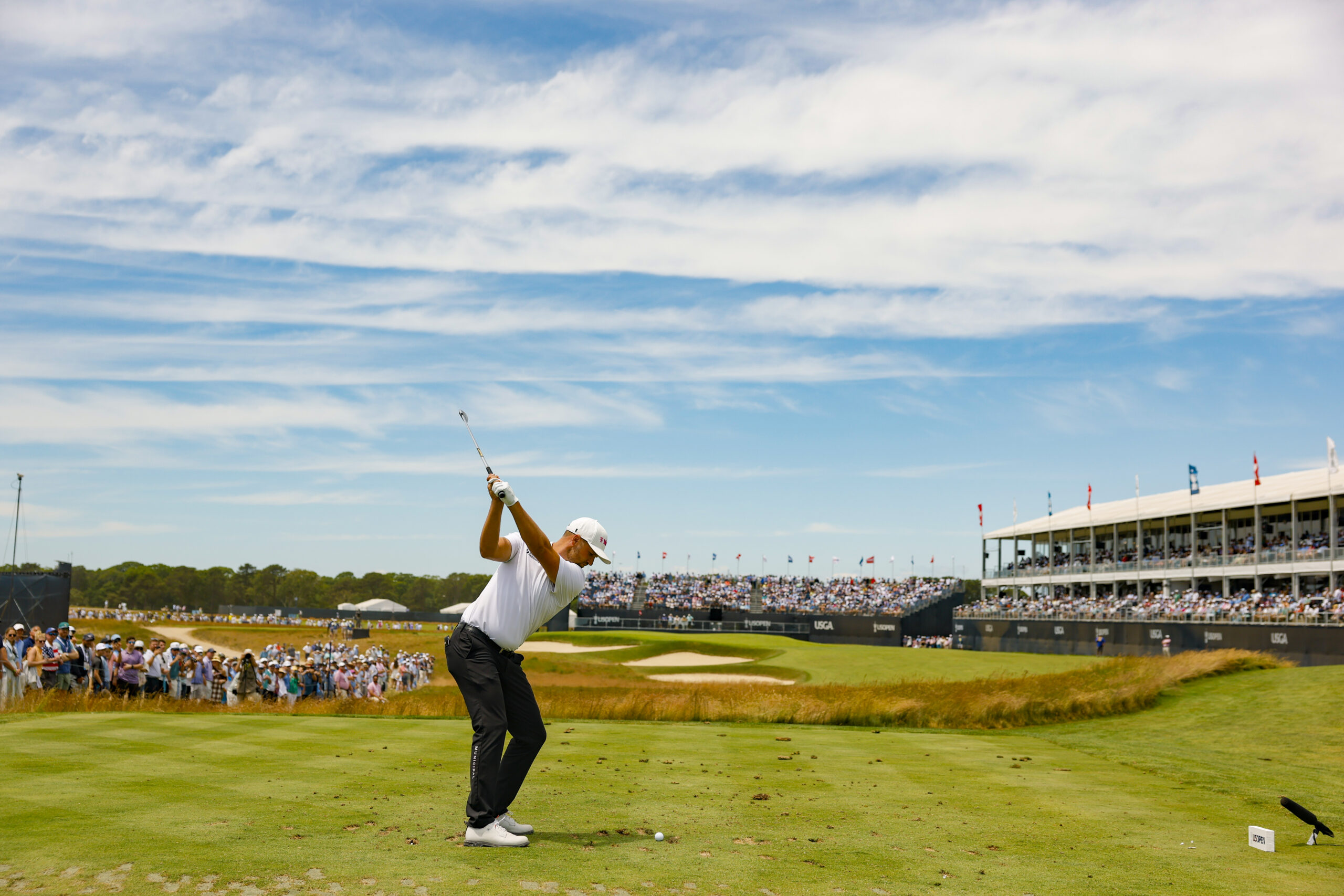 Wyndham Clark plays his tee shot on the 17th hole during the second round of the 2026 U.S. Open.