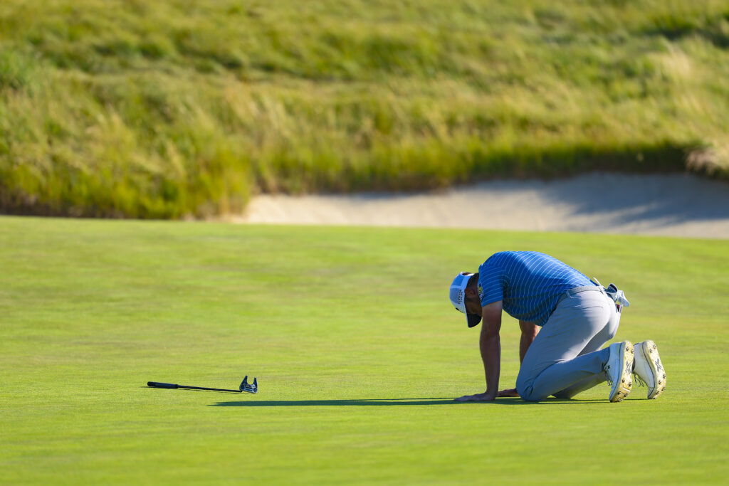 Sam Burns reacts after missing a putt on the 18th hole during the final round of the 2026 U.S. Open. 