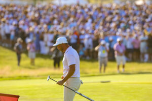 Wyndham Clark reacts after playing the 18th hole during the final round of the 2026 U.S. Open at Shinnecock Hills Golf Club.