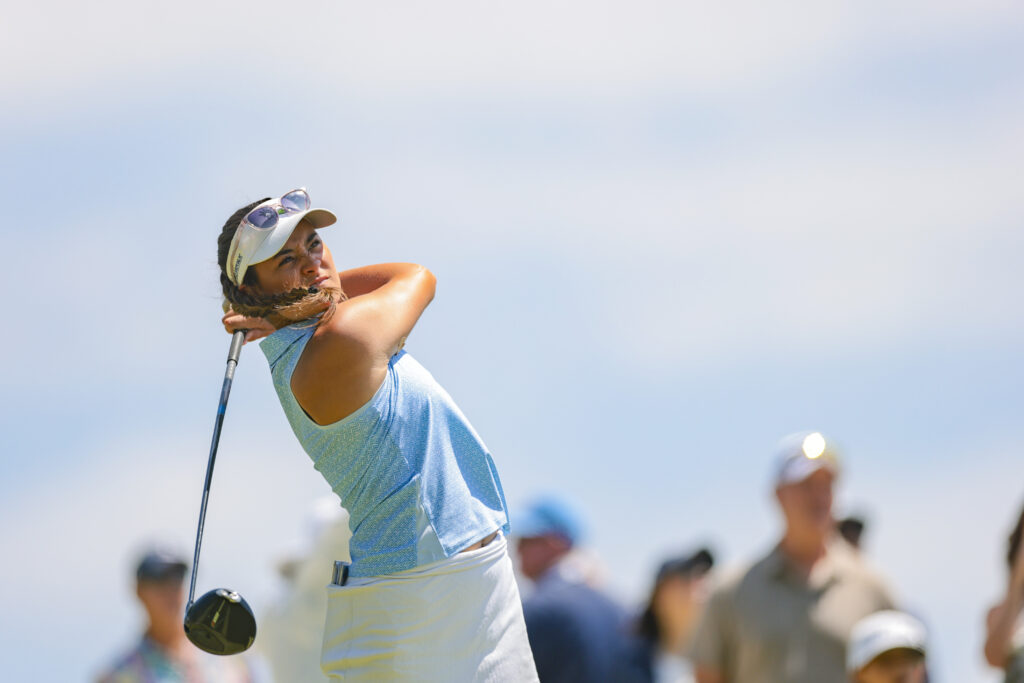 Kiara Romero plays her tee shot on the third hole during the final round of the 2026 U.S. Women's Open Presented by Ally.