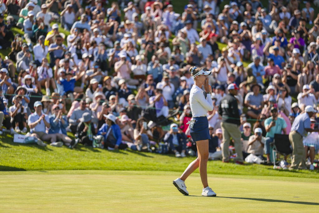 Nelly Korda reacts after winning on the 18th hole during the final round of the 2026 U.S. Women's Open Presented by Ally at The Riviera Country Club.