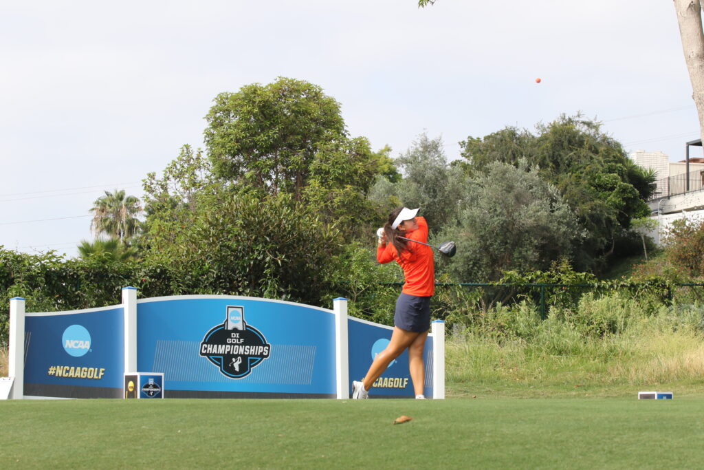 Virginia Freshman Elsie MacCleery tees off at the 2026 NCAA Championship. 