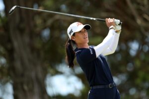 Celine Boutier teeing off in the final round of the 2026 ShopRite LPGA.