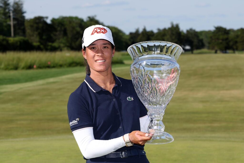Celine Boutier poses with the trophy at the 2026 ShopRite LPGA. 