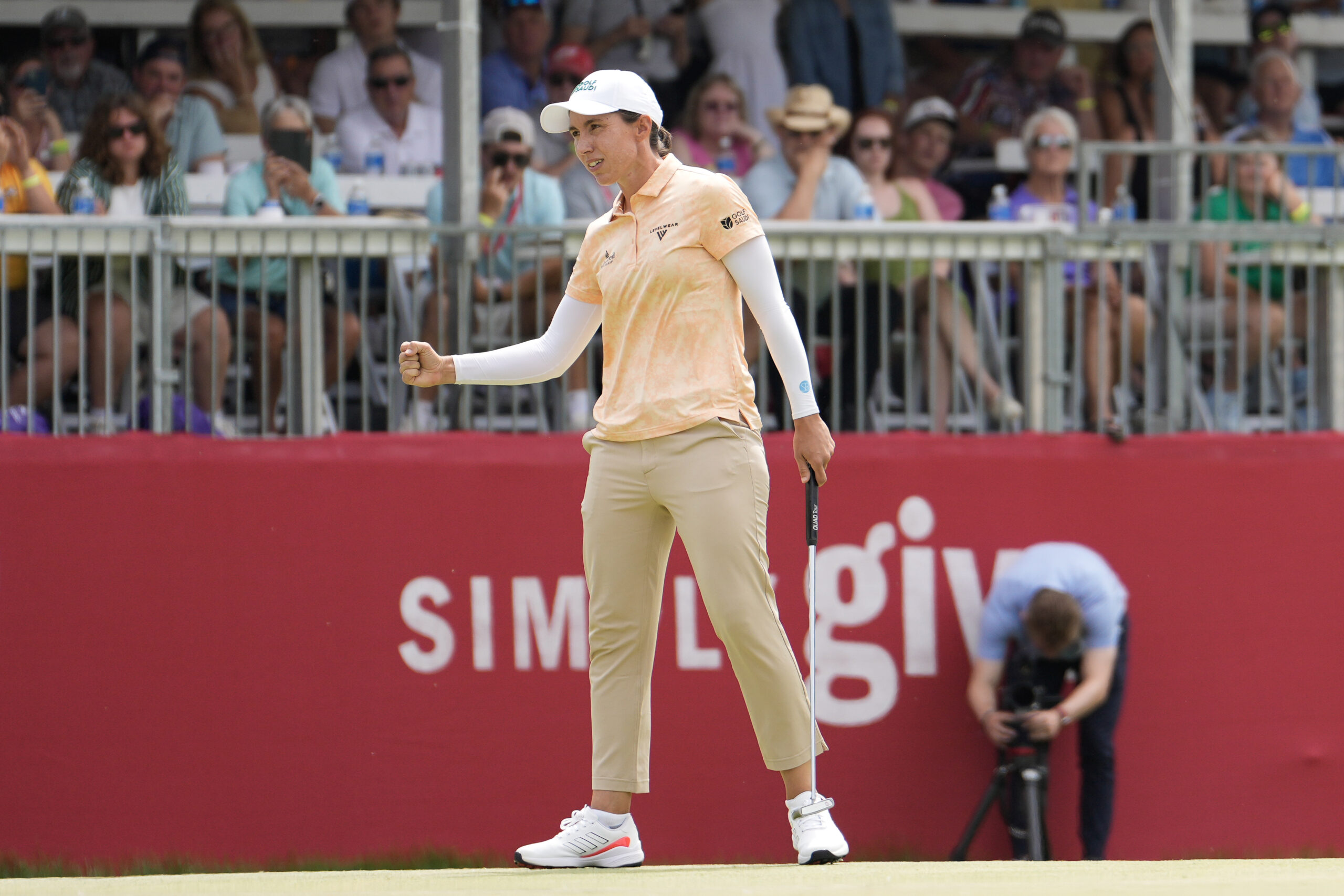 Carlota Ciganda of Spain reacts on the 18th green after winning the 2025 Meijer LPGA Classic for Simply Give.