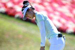 Grace Kim putts on the fifth green during the first round of the 2025 Amundi Evian Championship.
